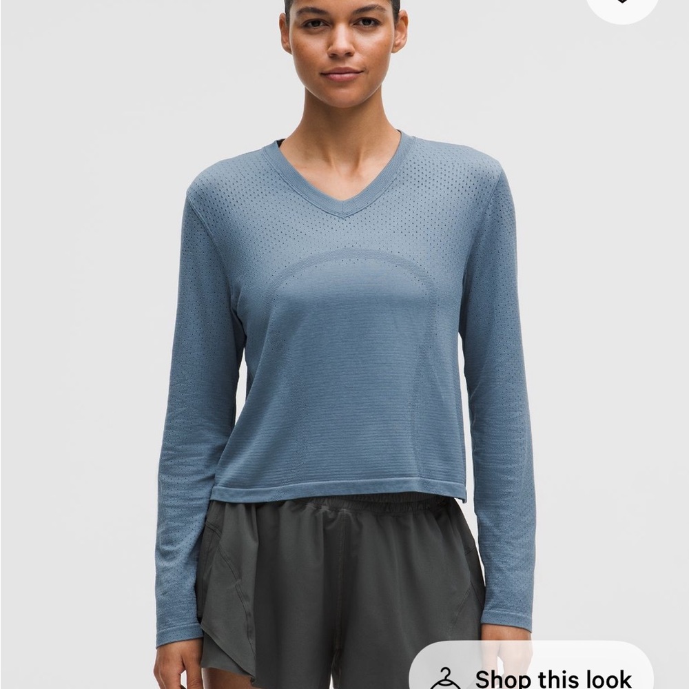 Lululemon Swiftly Open-Hole V-Neck Long-Sleeve Shirt in Steel Blue size 6